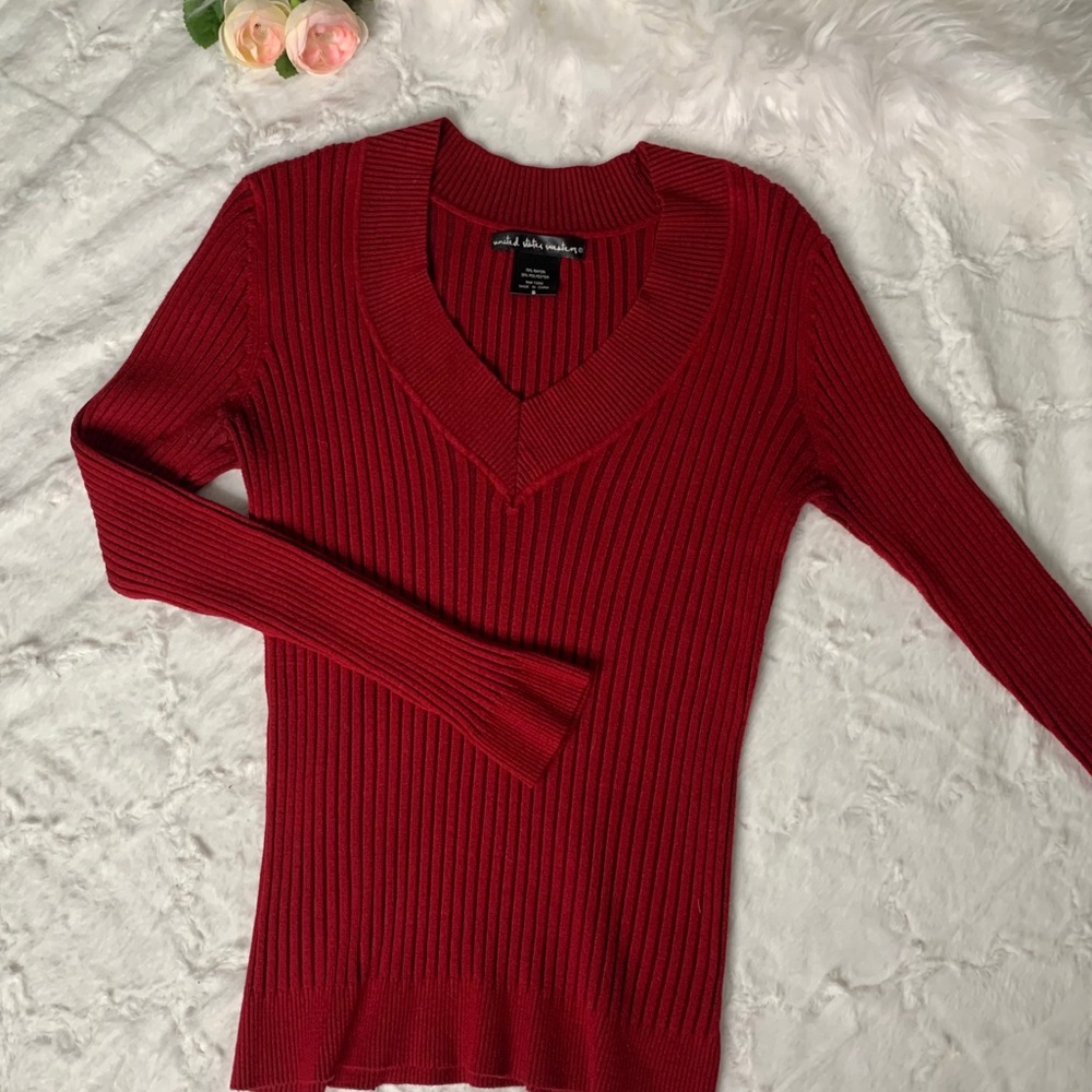 Red Ribbed V-Neck Sweater